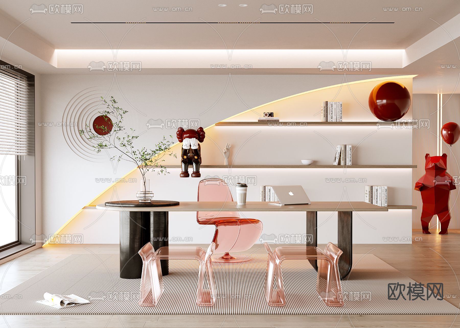 奶油风书房3d模型下载（渲染图1）
