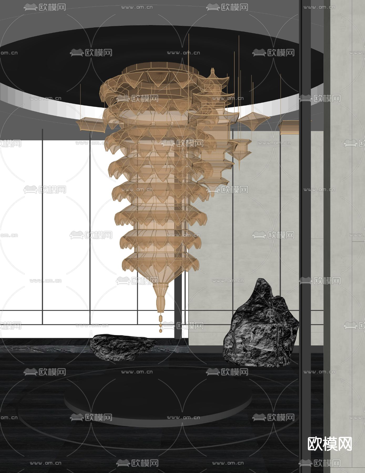 新中式艺术雕塑装置su模型下载（渲染图2）