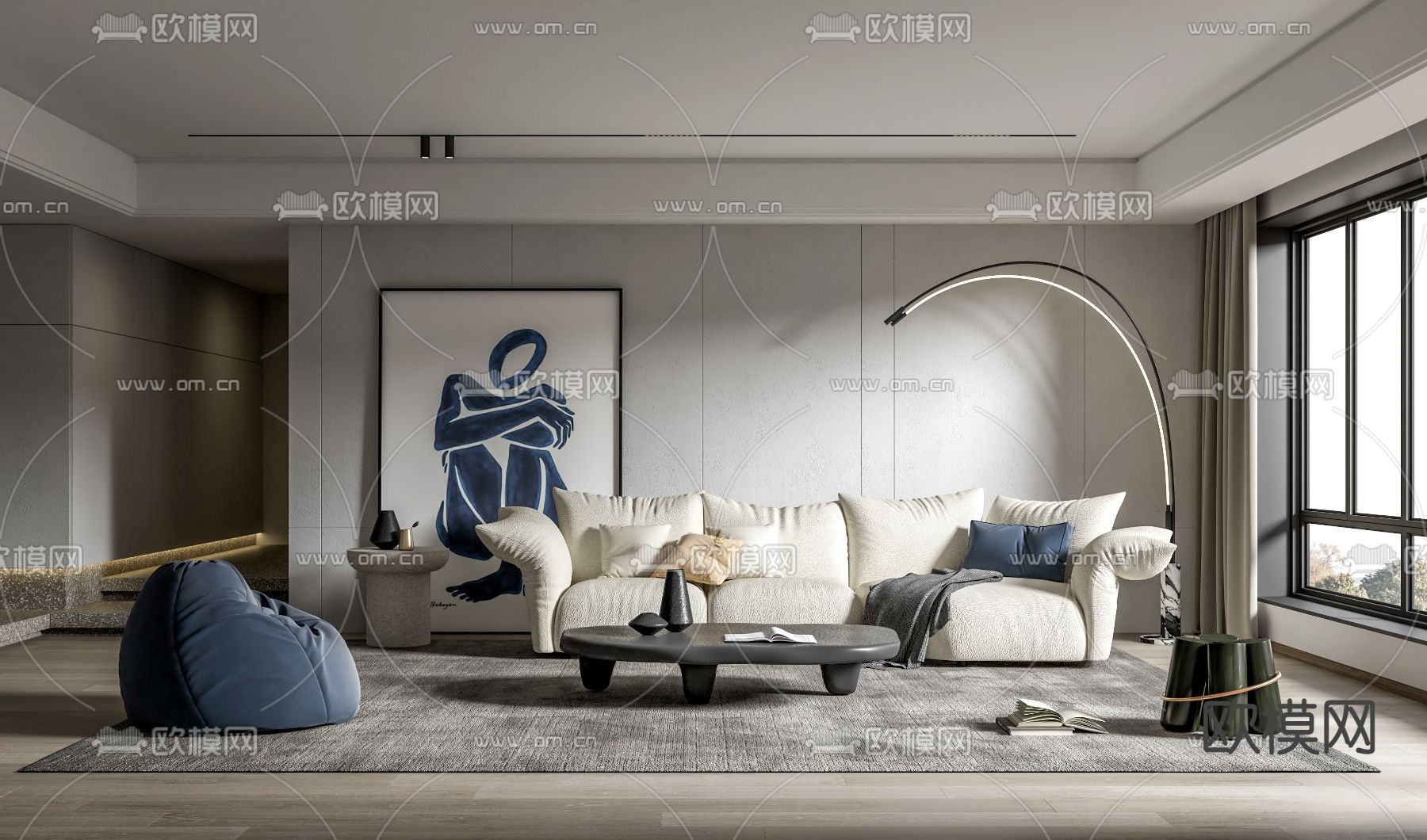 高级灰客厅su模型下载（渲染图1）