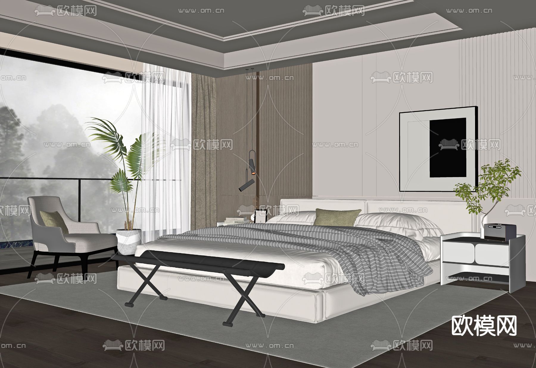 高级灰卧室 主人房su模型下载（渲染图2）