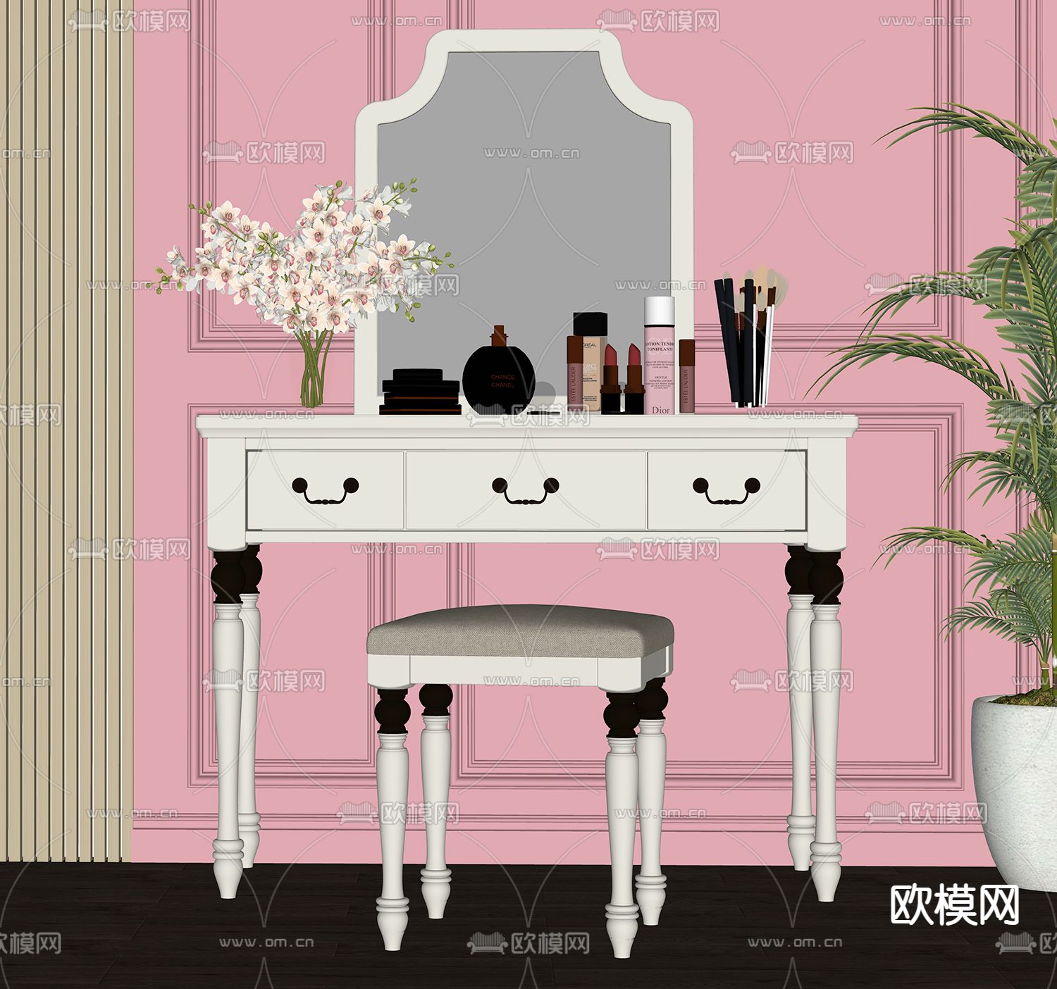 美式梳妆台su模型下载（渲染图2）
