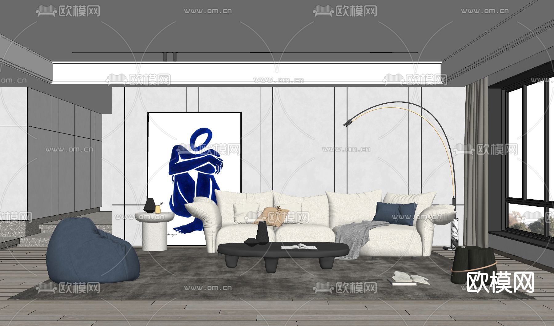 高级灰客厅su模型下载（渲染图2）