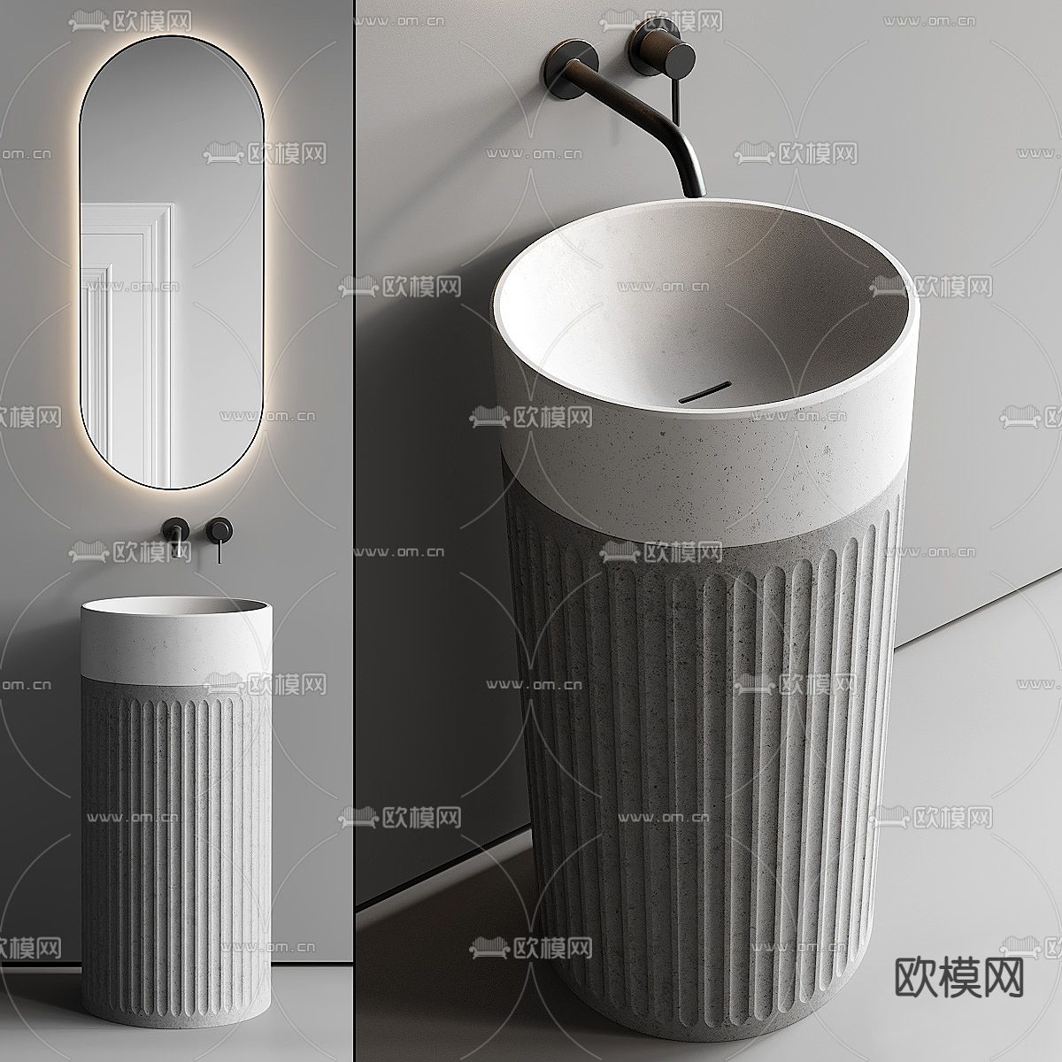 高级灰立柱洗手台 台盆su模型下载（渲染图1）