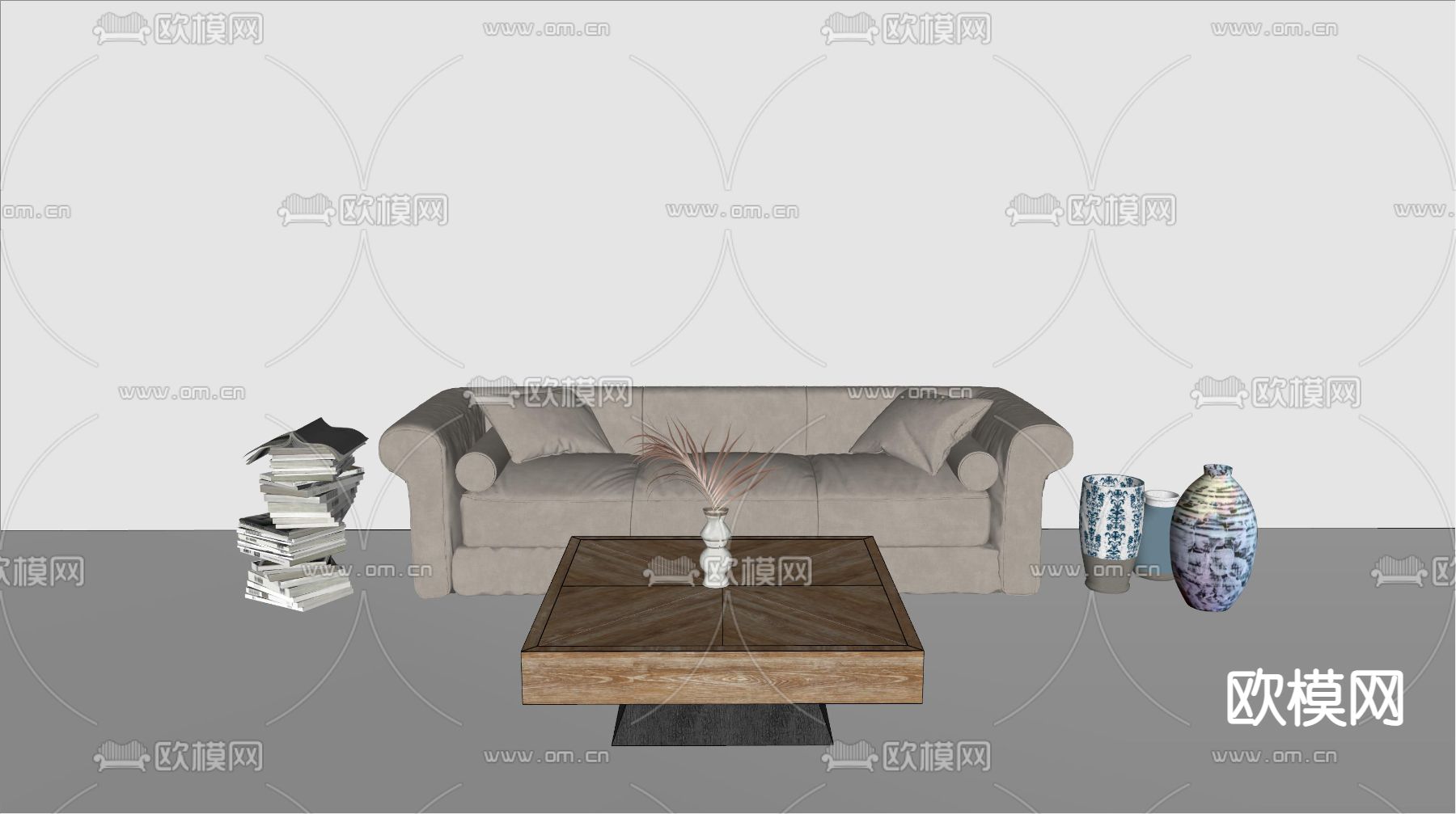侘寂风多人沙发 软体沙发su模型下载（渲染图1）