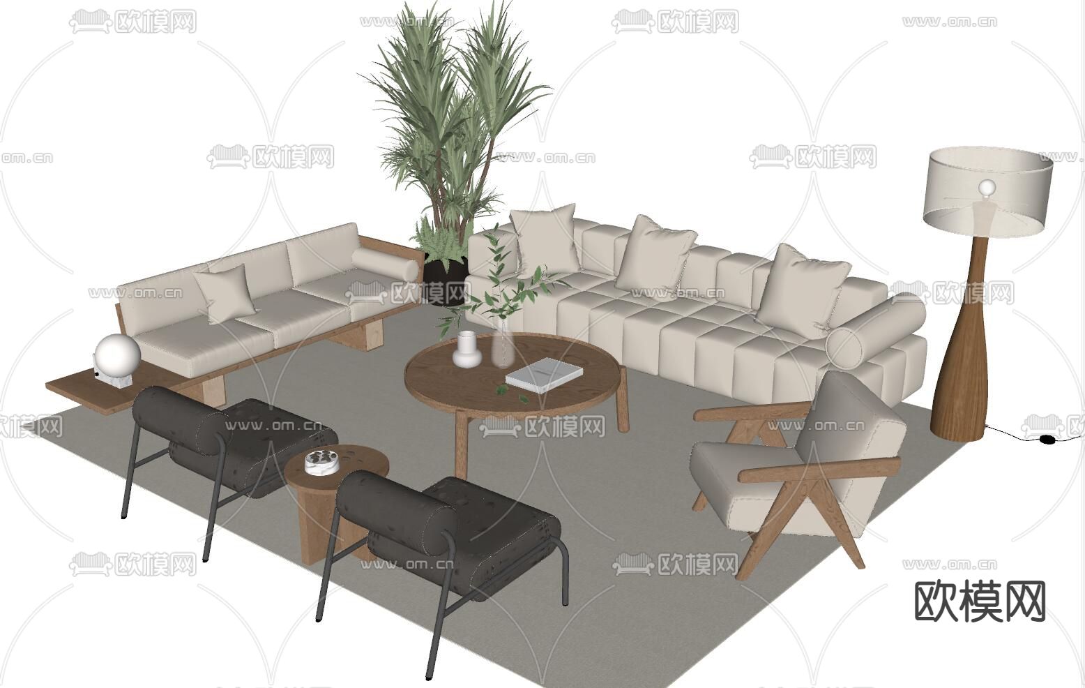侘寂风组合沙发su模型下载（渲染图2）