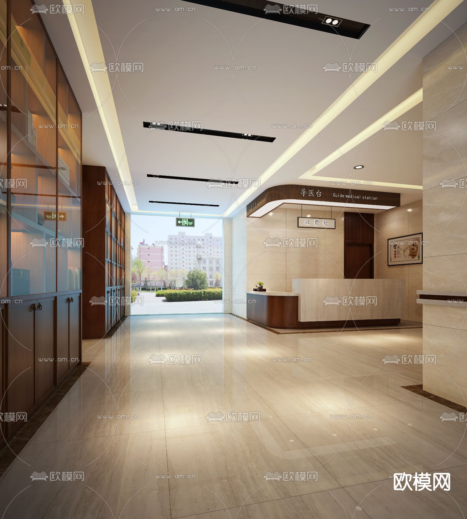 现代中医院前厅 走廊3d模型下载（渲染图1）