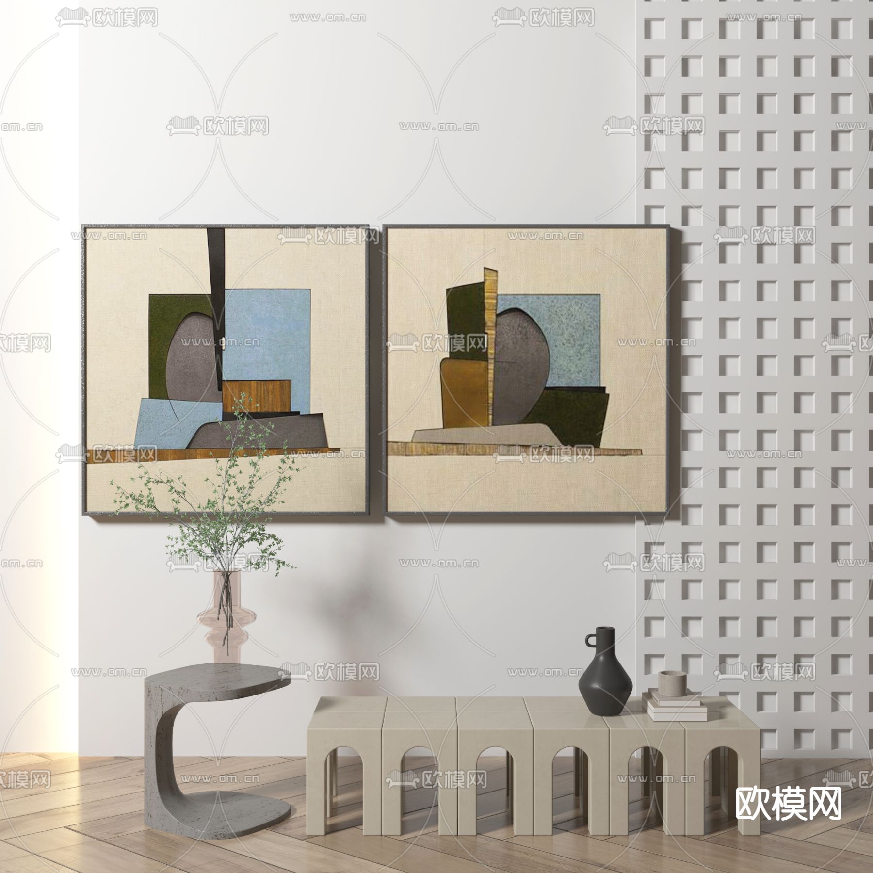 日式抽象画 装饰画 挂画3d模型下载