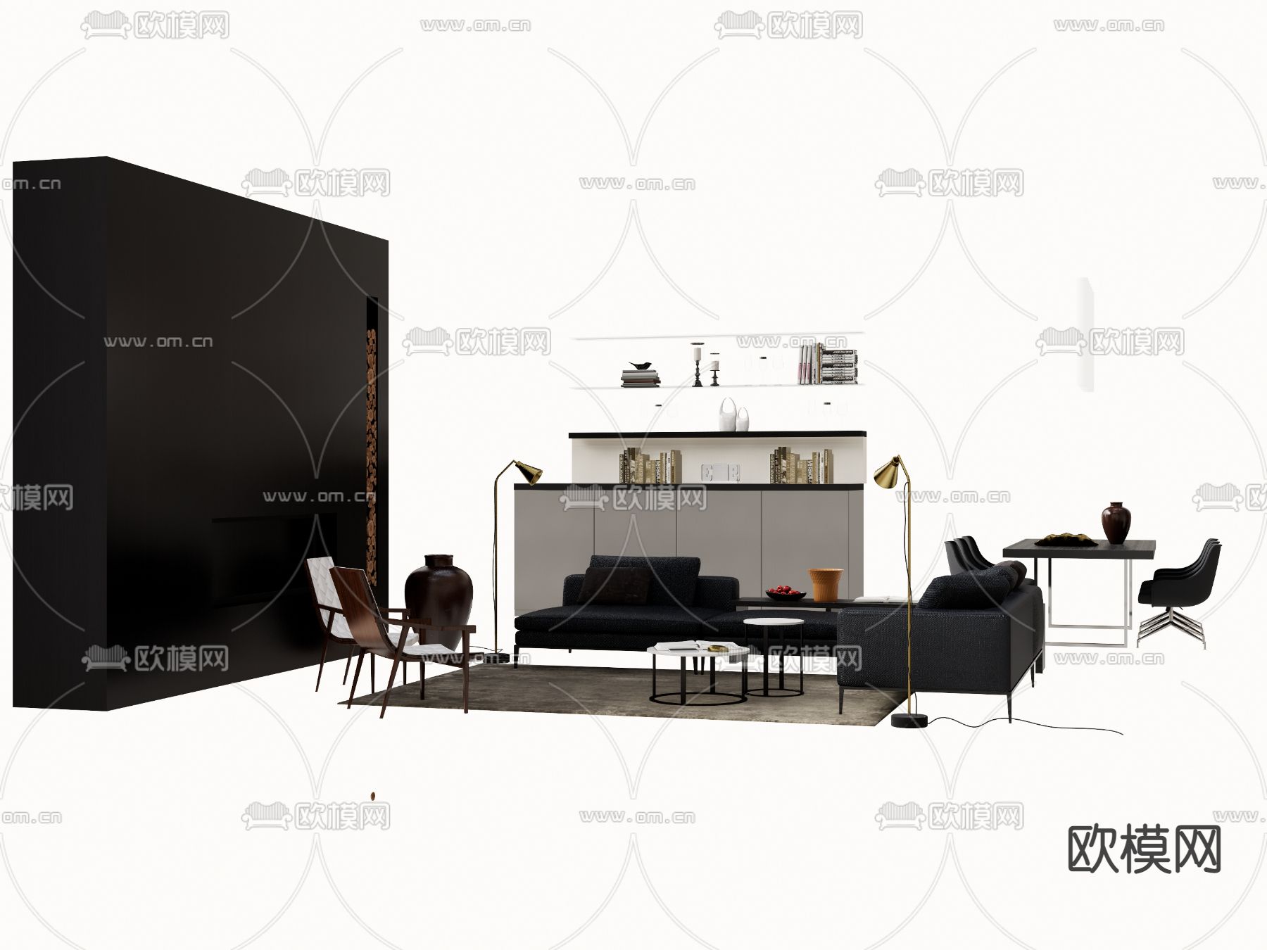 暗黑风沙发茶几组合su模型下载（渲染图1）