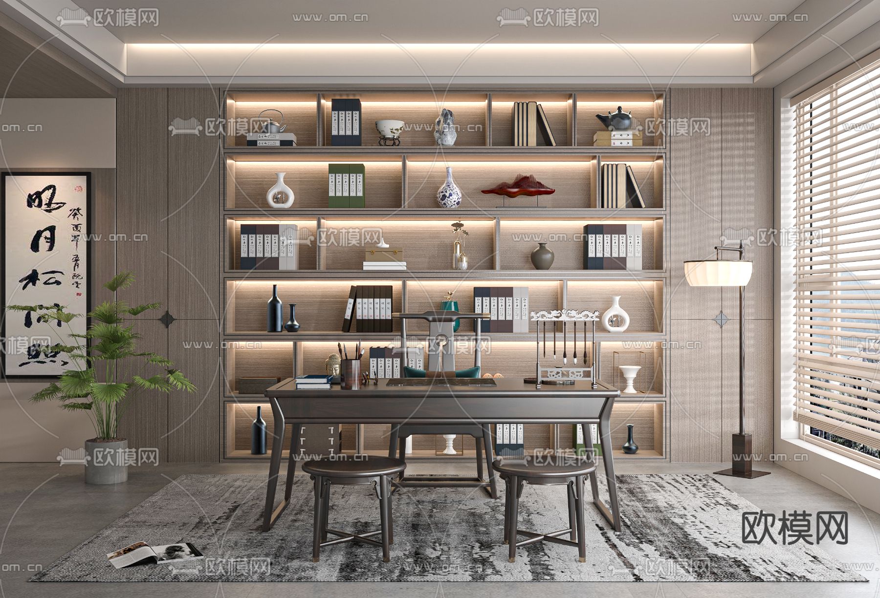 新中式书房su模型下载（渲染图1）
