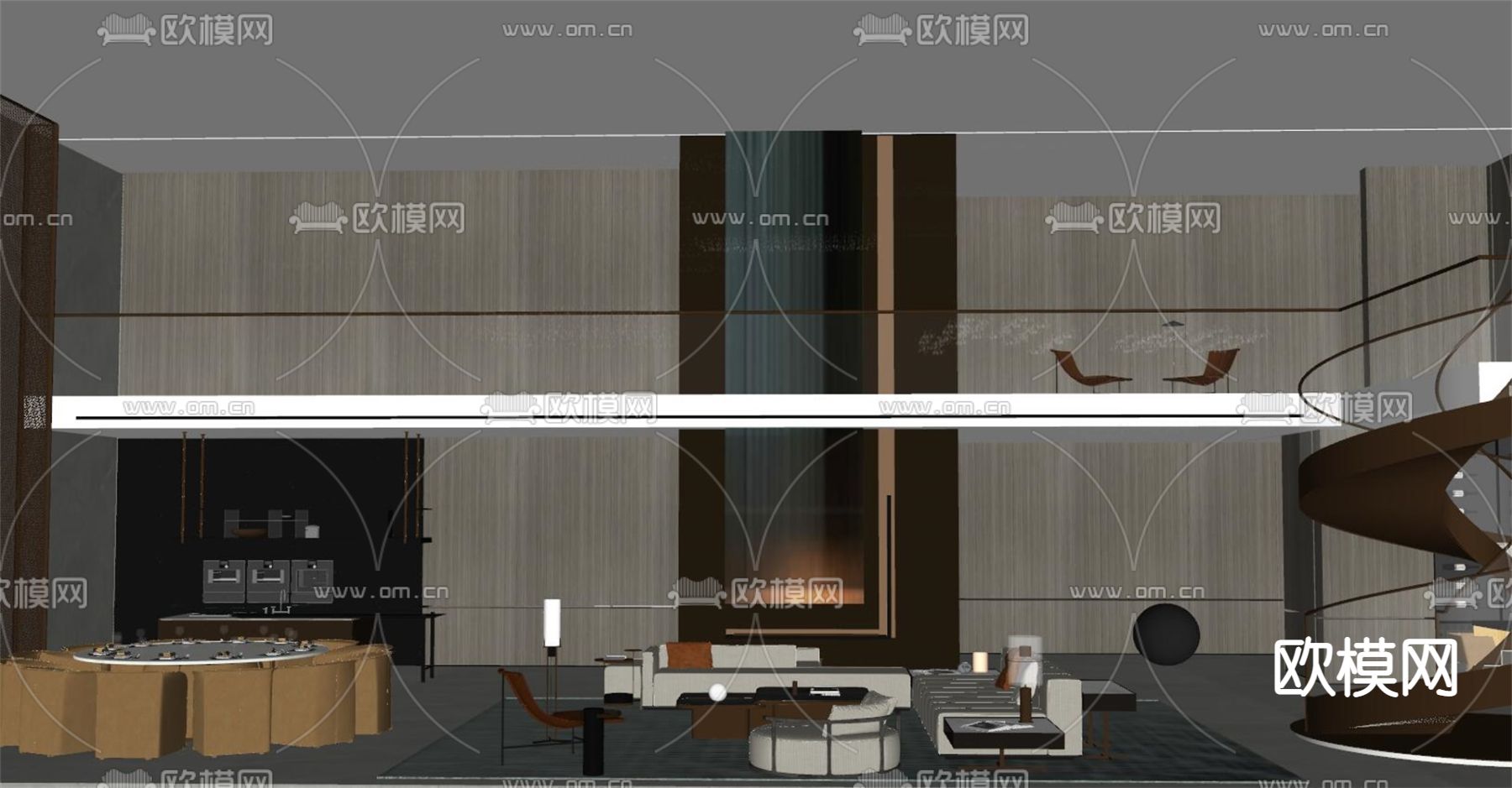 现代别墅客厅餐厅su模型下载（渲染图2）