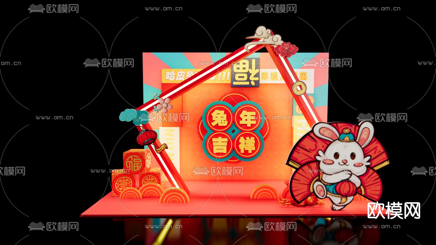 新中式兔年美陈 春节美陈su模型下载（渲染图1）