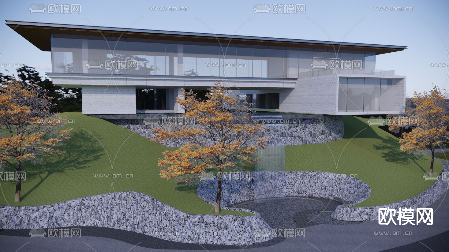 现代示范区 跌瀑 园林景观su模型下载（渲染图2）