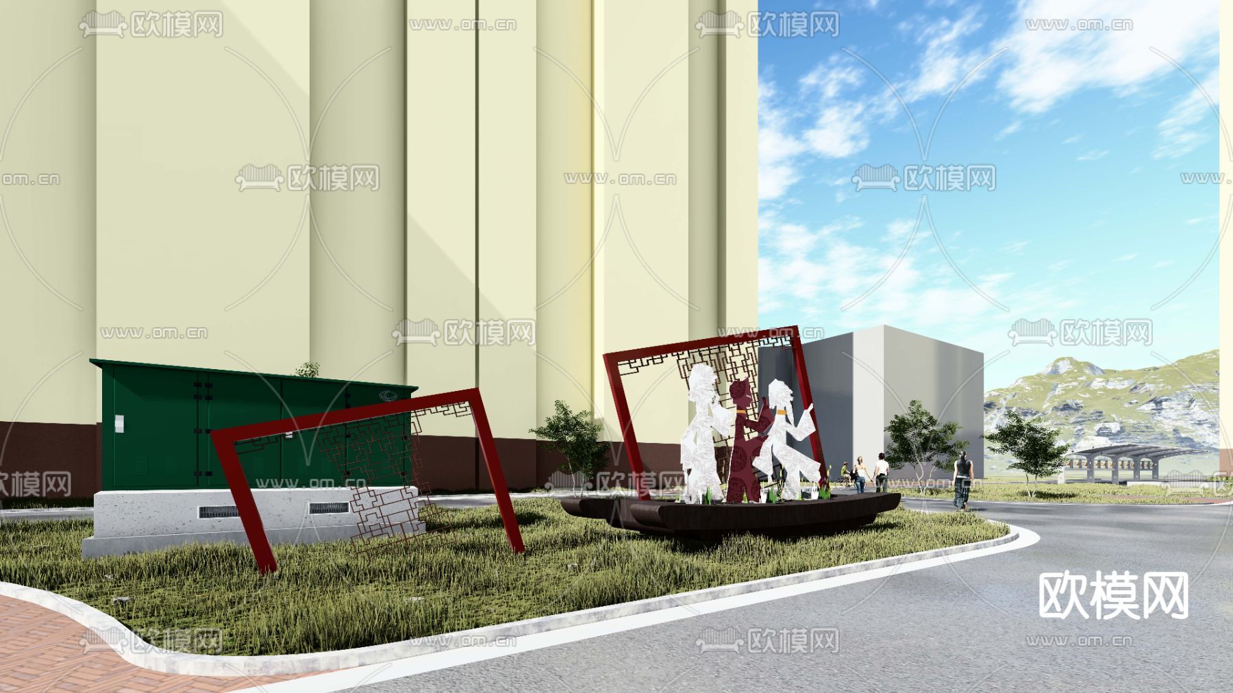 新中式村史馆 社区广场su模型下载（渲染图6）