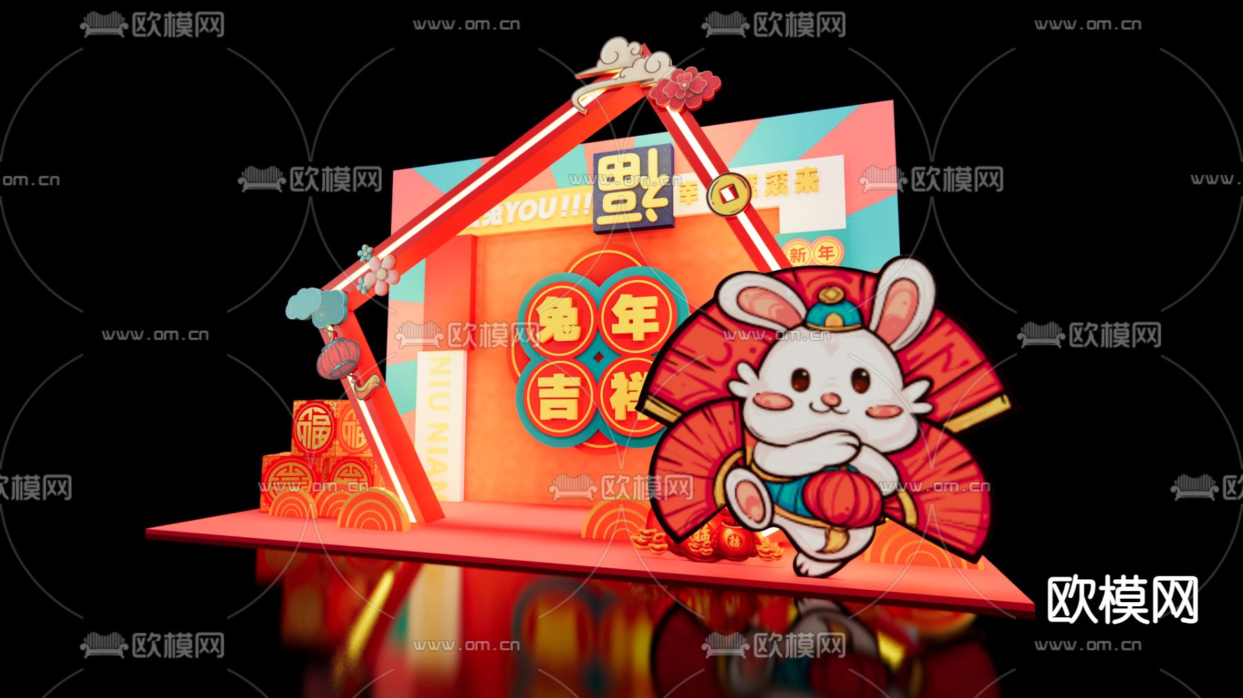 新中式兔年美陈 春节美陈su模型下载（渲染图3）
