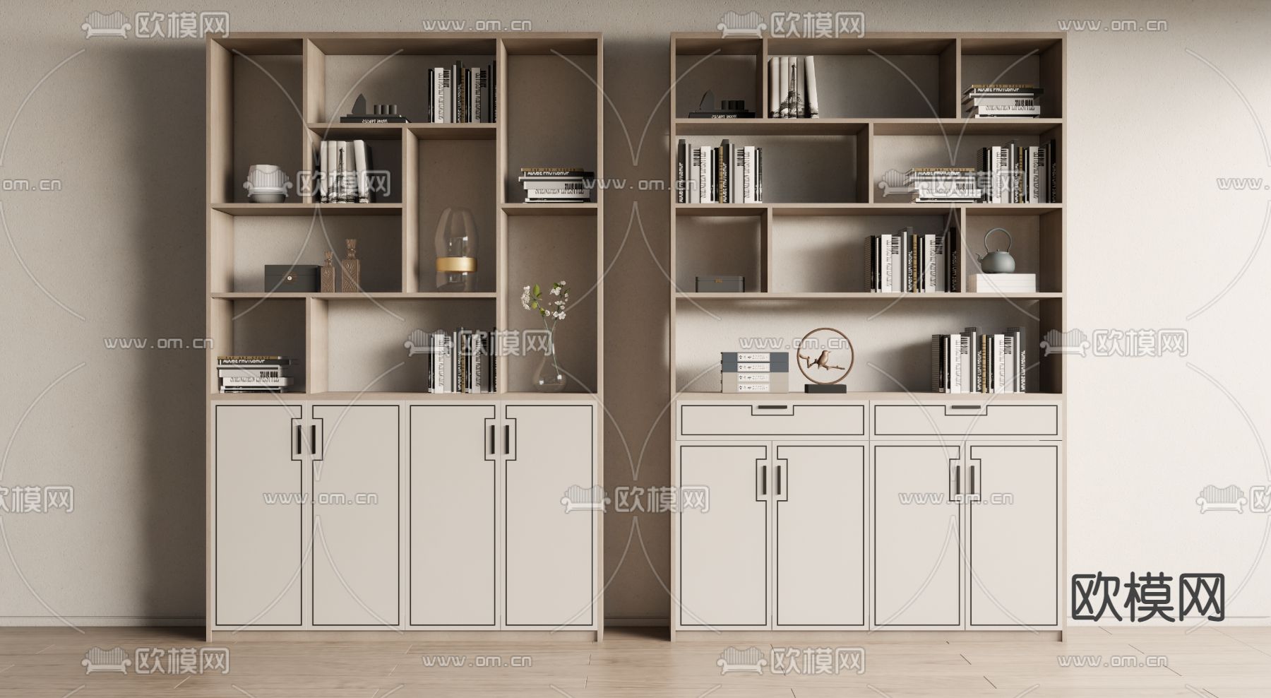 新中式书柜su模型下载（渲染图1）