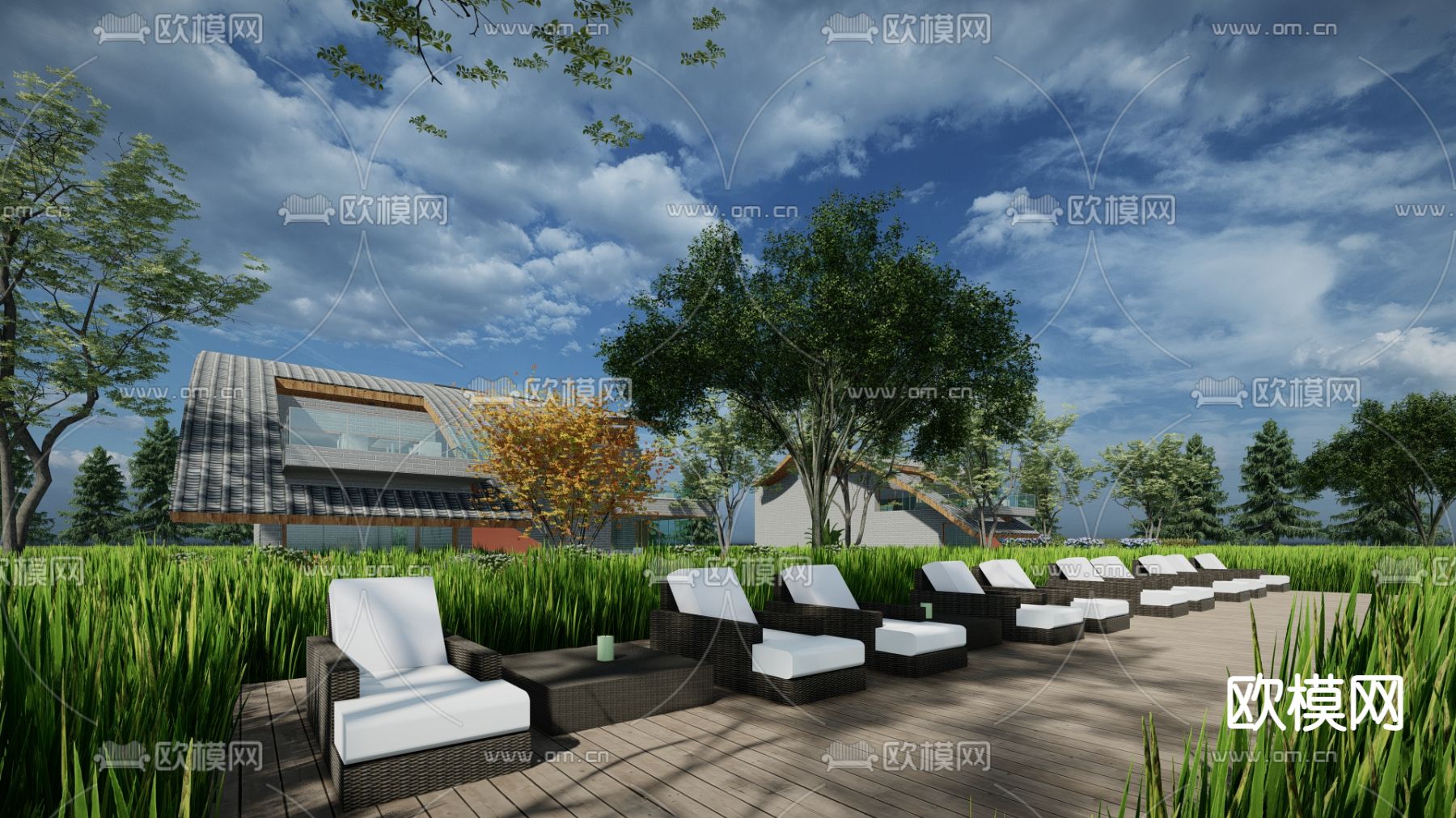 新中式度假别墅 建筑外观su模型
