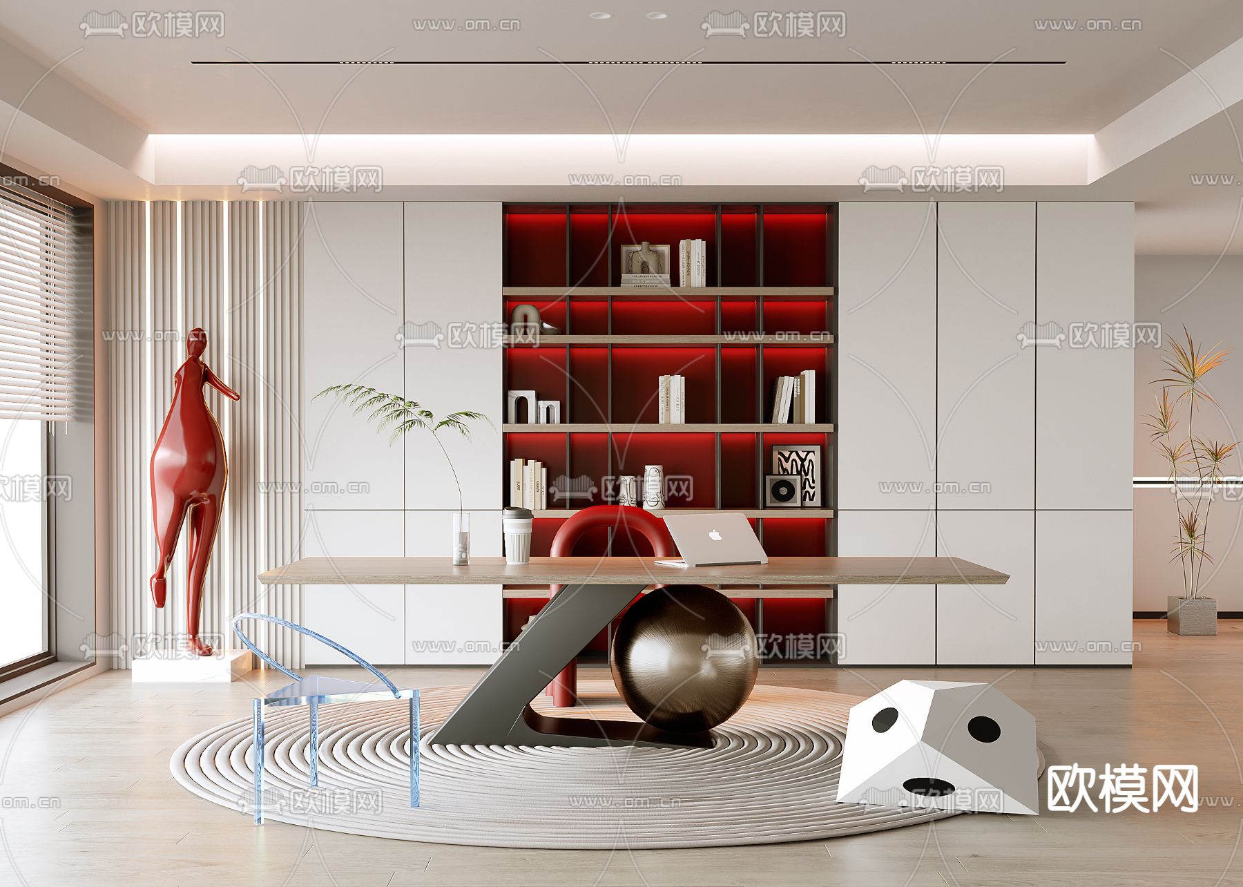 奶油风书房su模型下载（渲染图1）