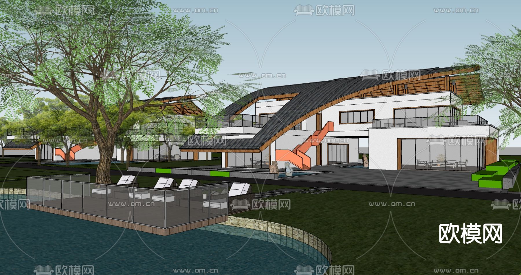 新中式度假别墅 建筑外观su模型