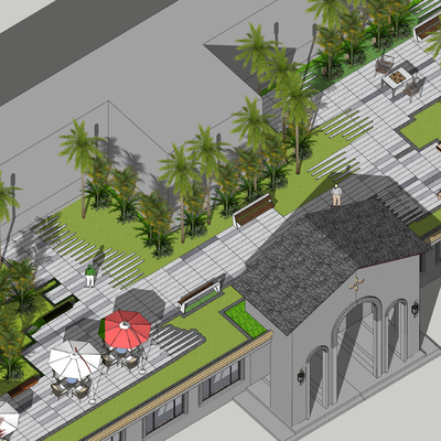  现代线性屋顶花园鸟瞰su模型 