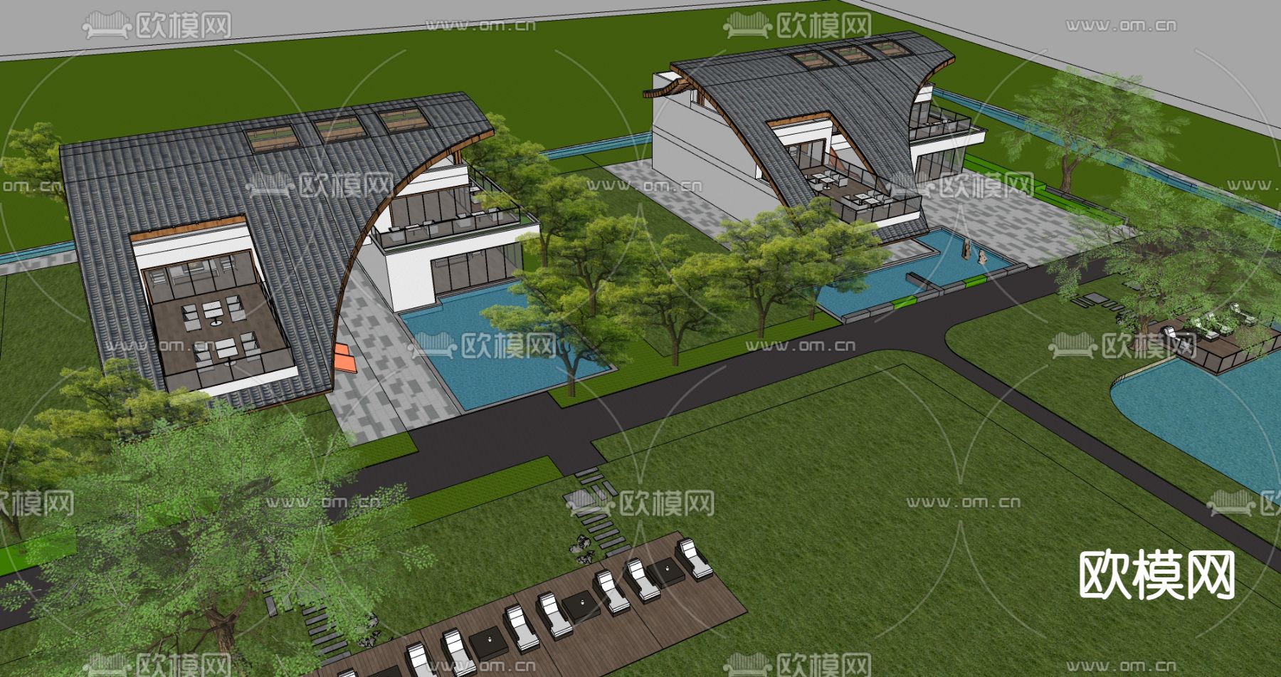 新中式度假别墅 建筑外观su模型