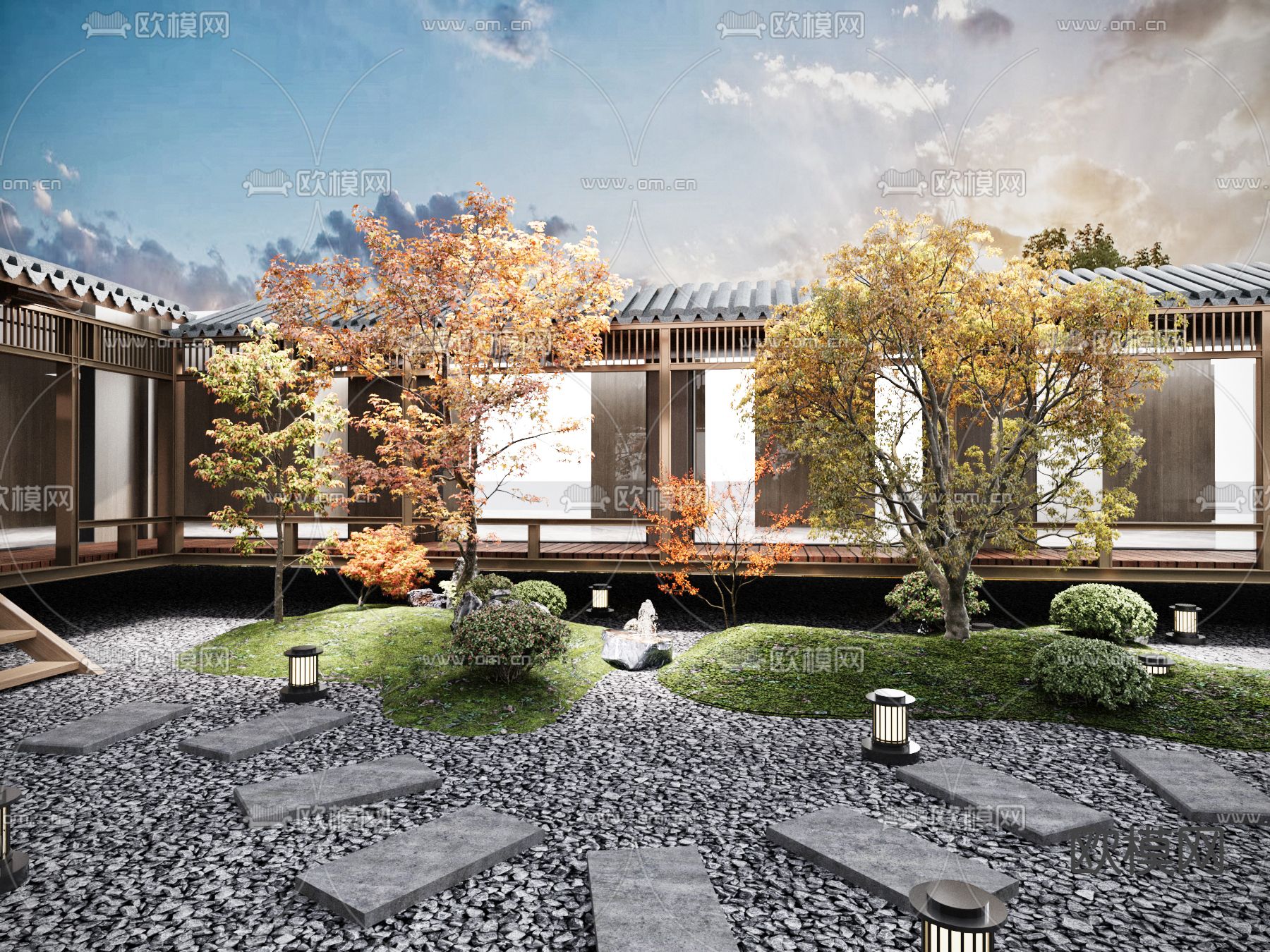 新中式庭院走廊3d模型下载_ID12283909_3dmax免费模型-欧模网