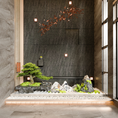  新中式山石松树 室内景观小品su模型 