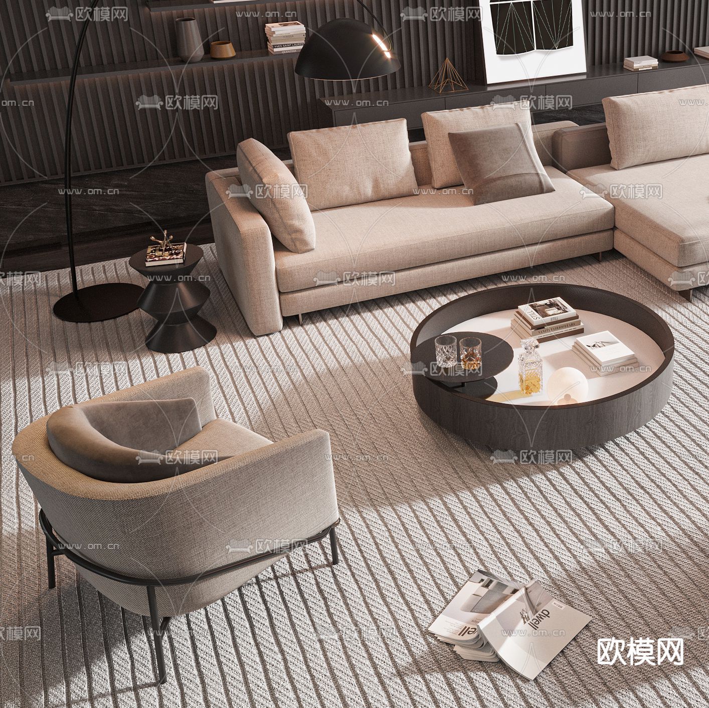 暗黑风组合沙发3d模型下载（渲染图3）