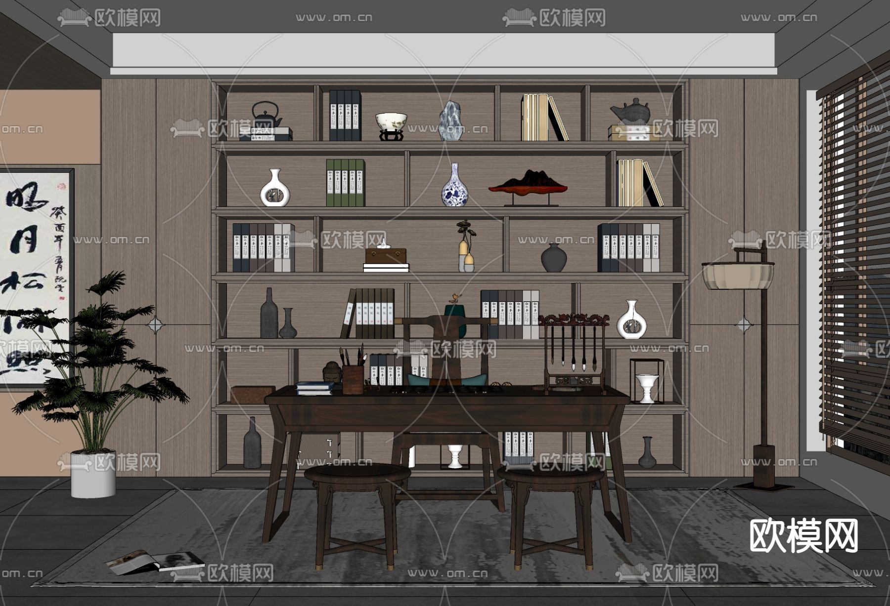 新中式书房su模型下载（渲染图2）