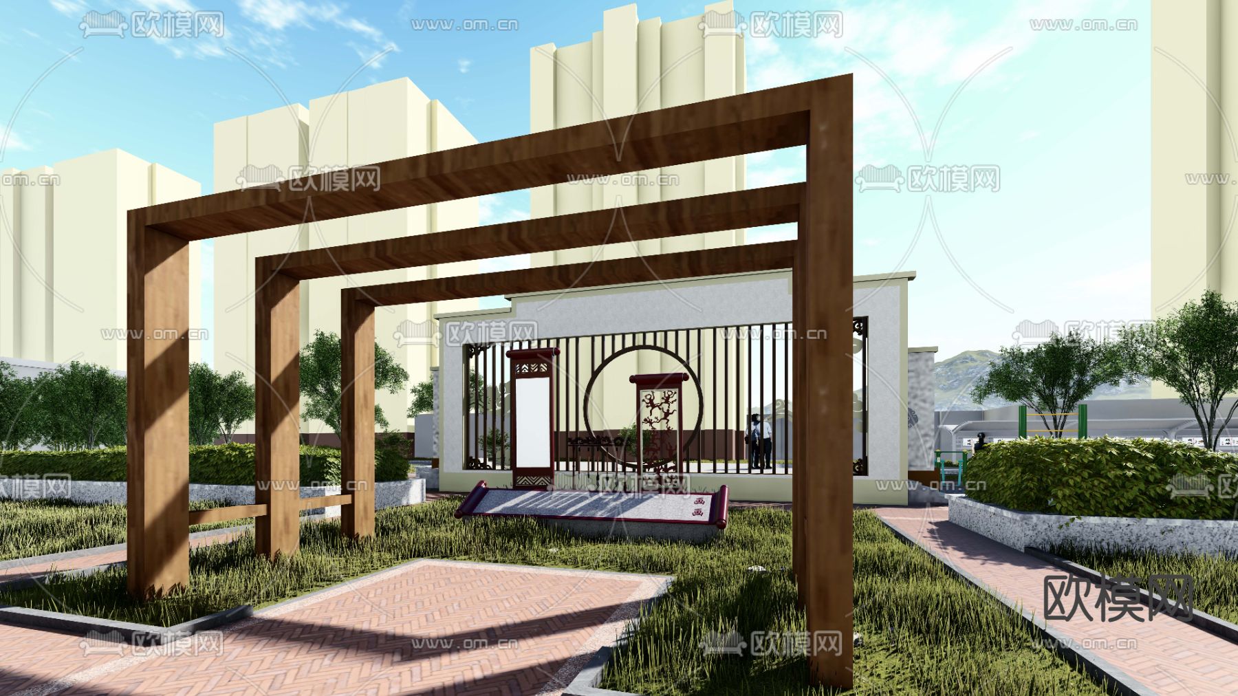 新中式村史馆 社区广场su模型下载（渲染图4）