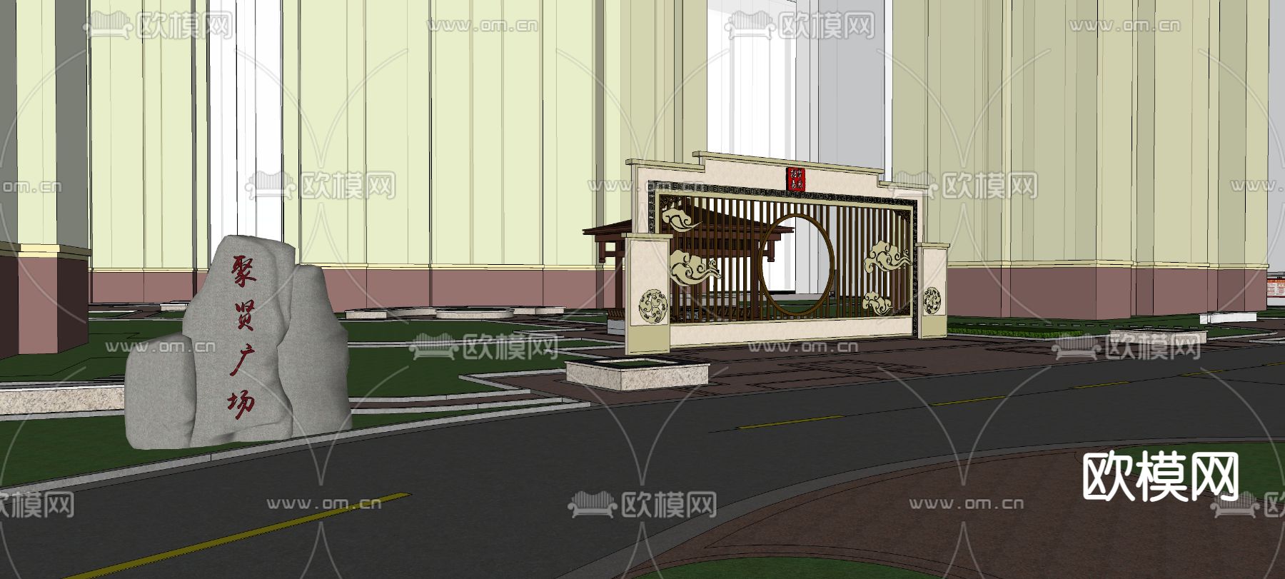 新中式村史馆 社区广场su模型下载（渲染图7）