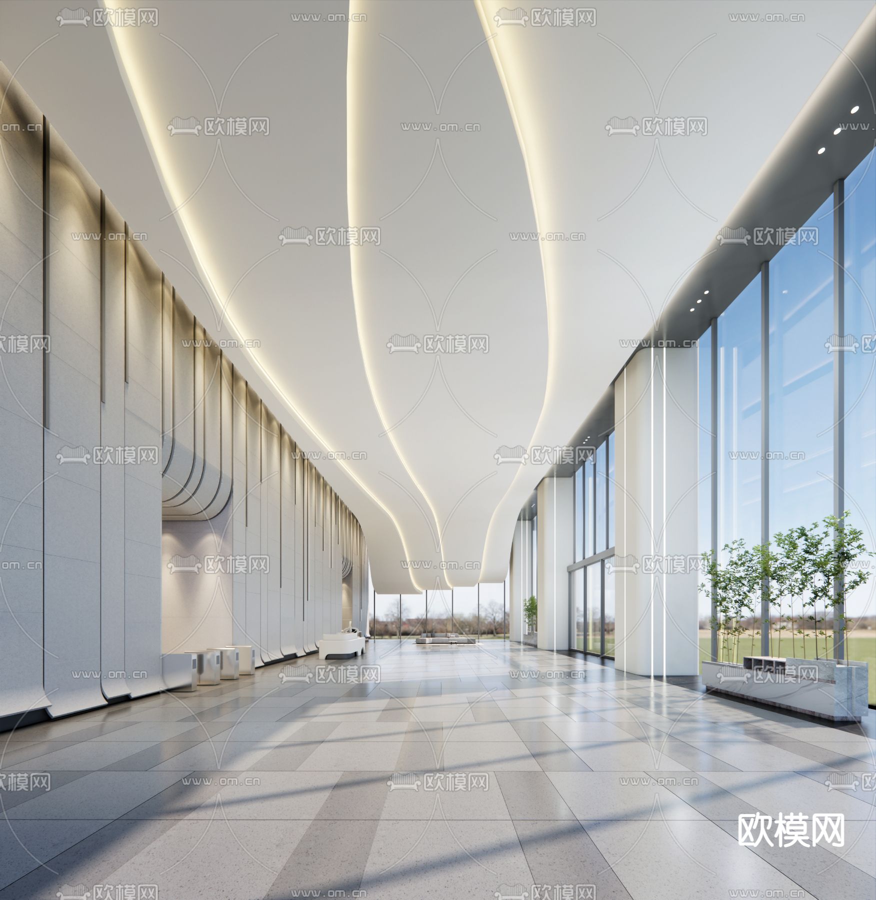 奶油风办公大堂 商务大堂su模型下载