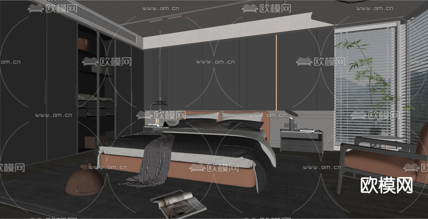 暗黑风卧室 主人房su模型下载（渲染图3）