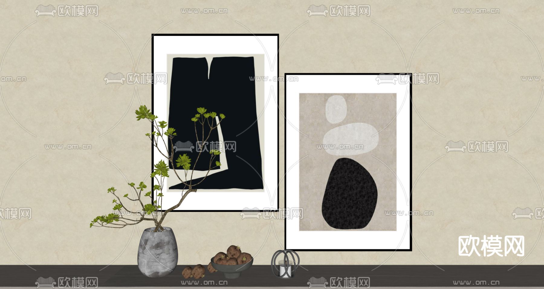 侘寂风装饰画 抽象画su模型下载（渲染图2）