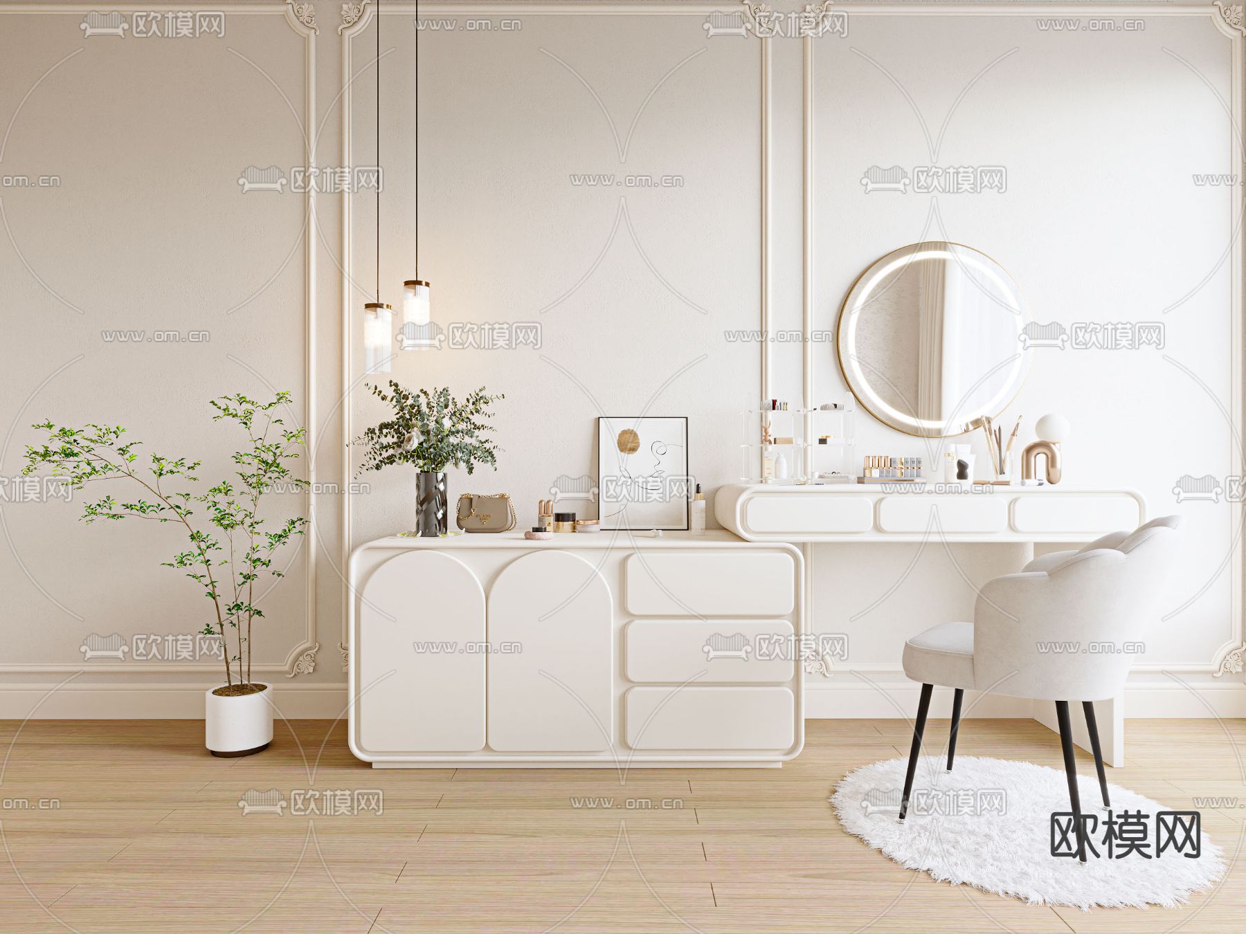 奶油风梳妆台3d模型下载