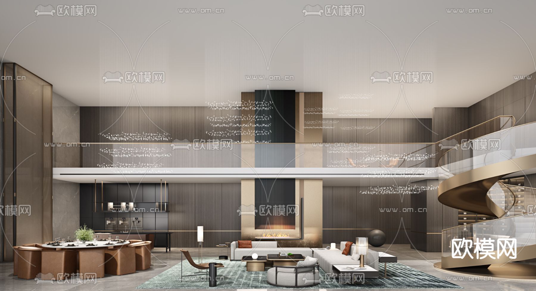 现代别墅客厅餐厅su模型下载（渲染图1）