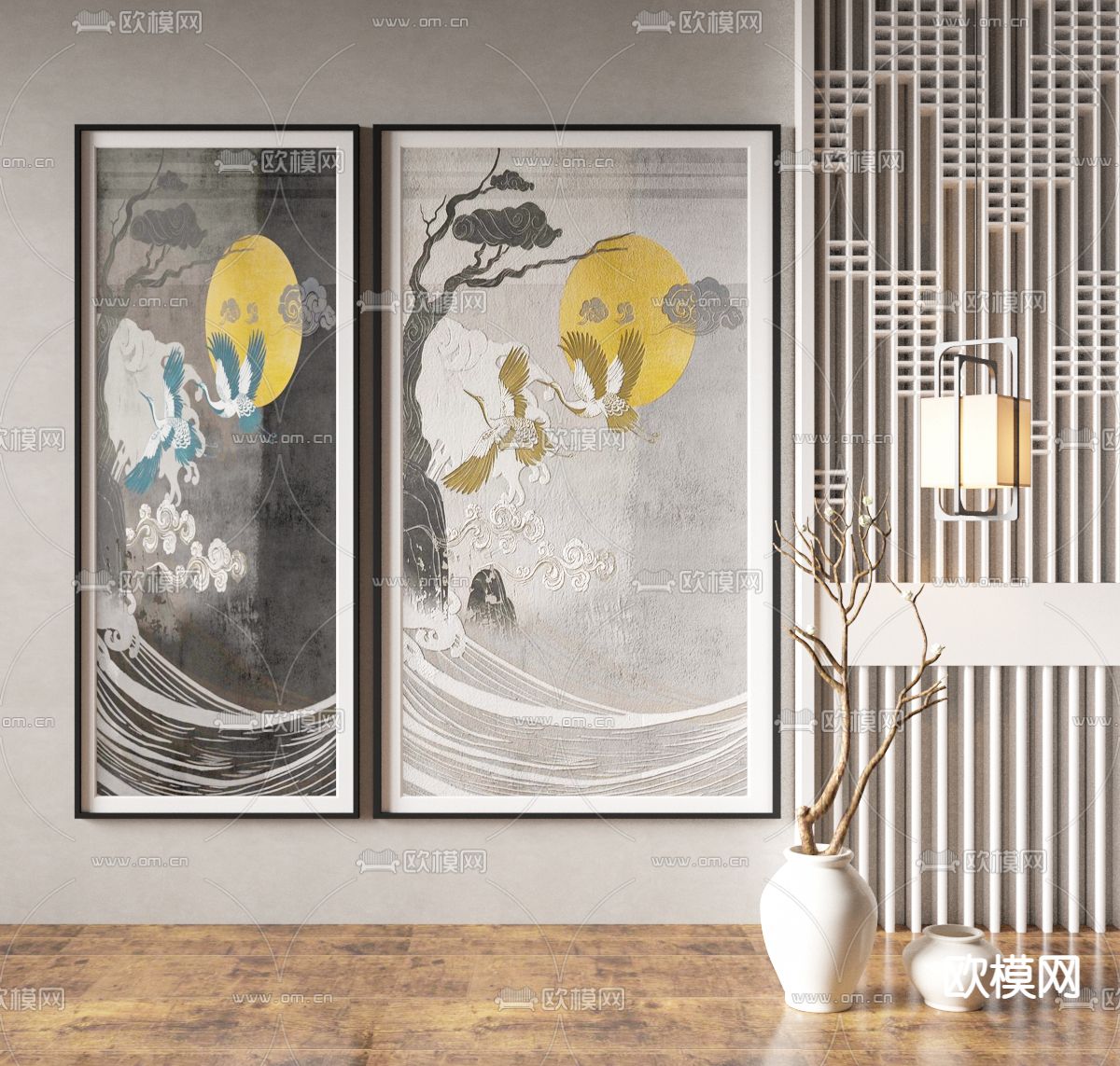 新中式装饰画 挂画su模型下载（渲染图1）