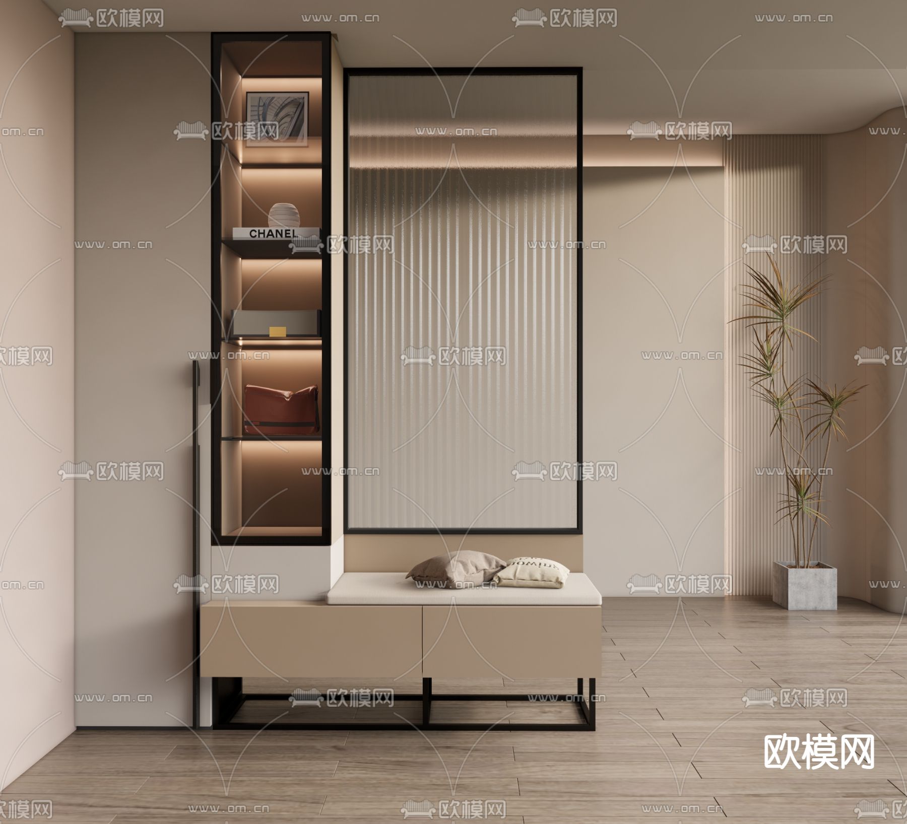 现代玄关隔断鞋柜su模型下载（渲染图1）