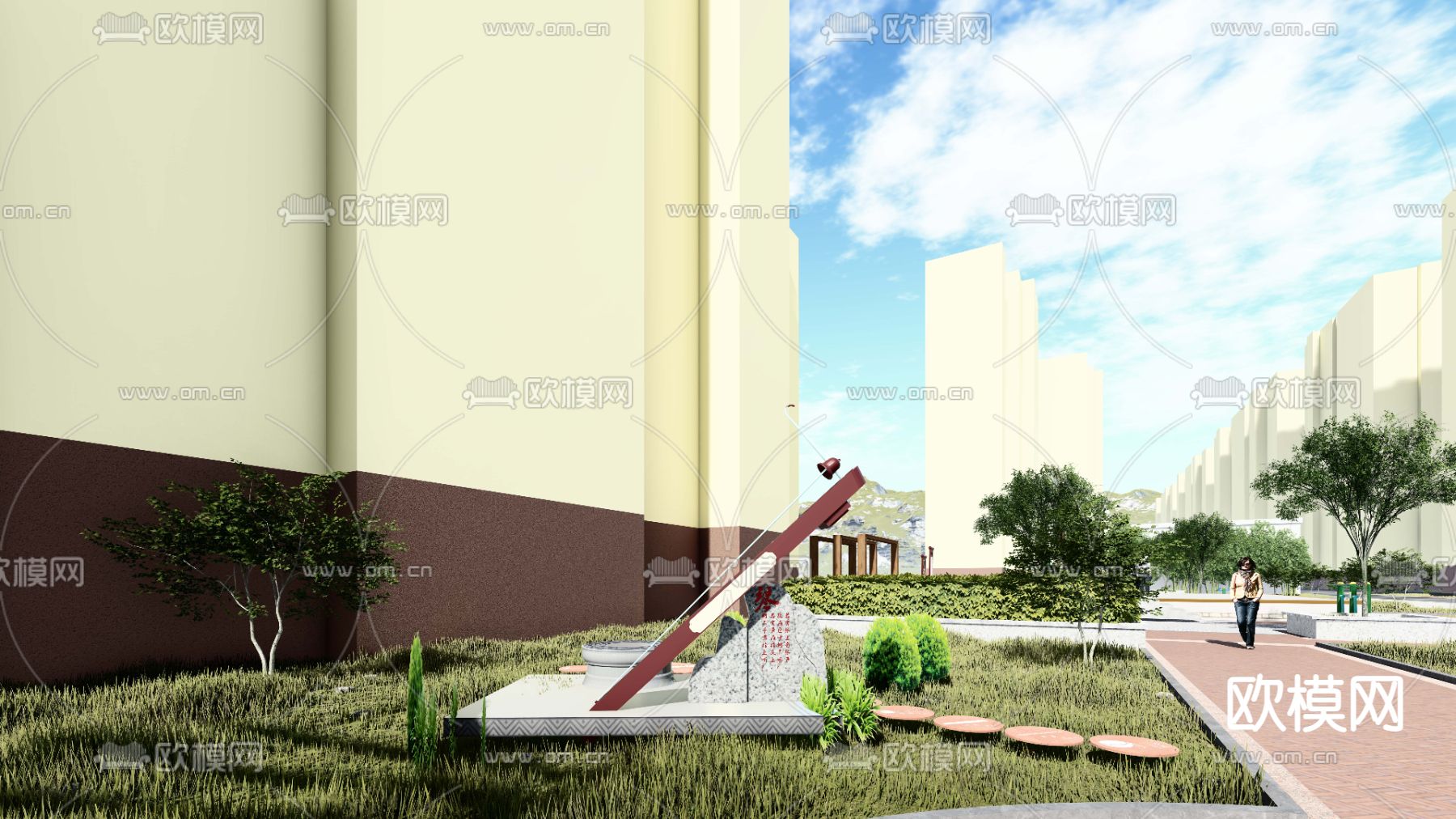 新中式村史馆 社区广场su模型下载（渲染图3）