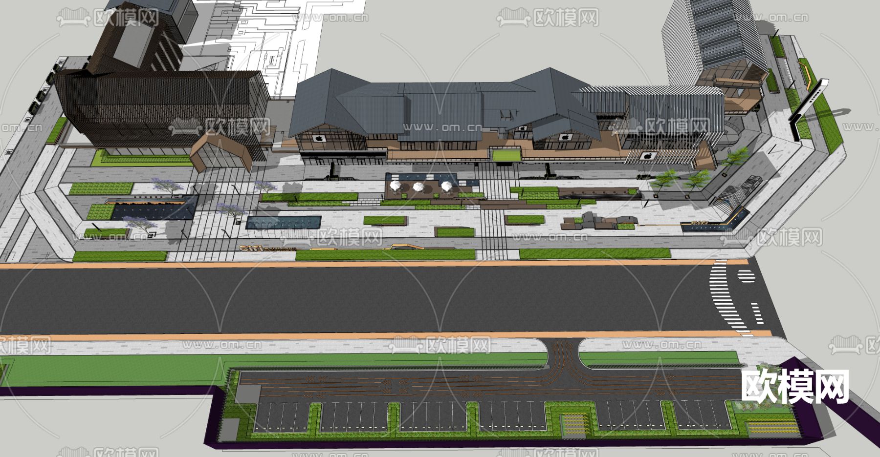 现代商业街su模型下载（渲染图2）