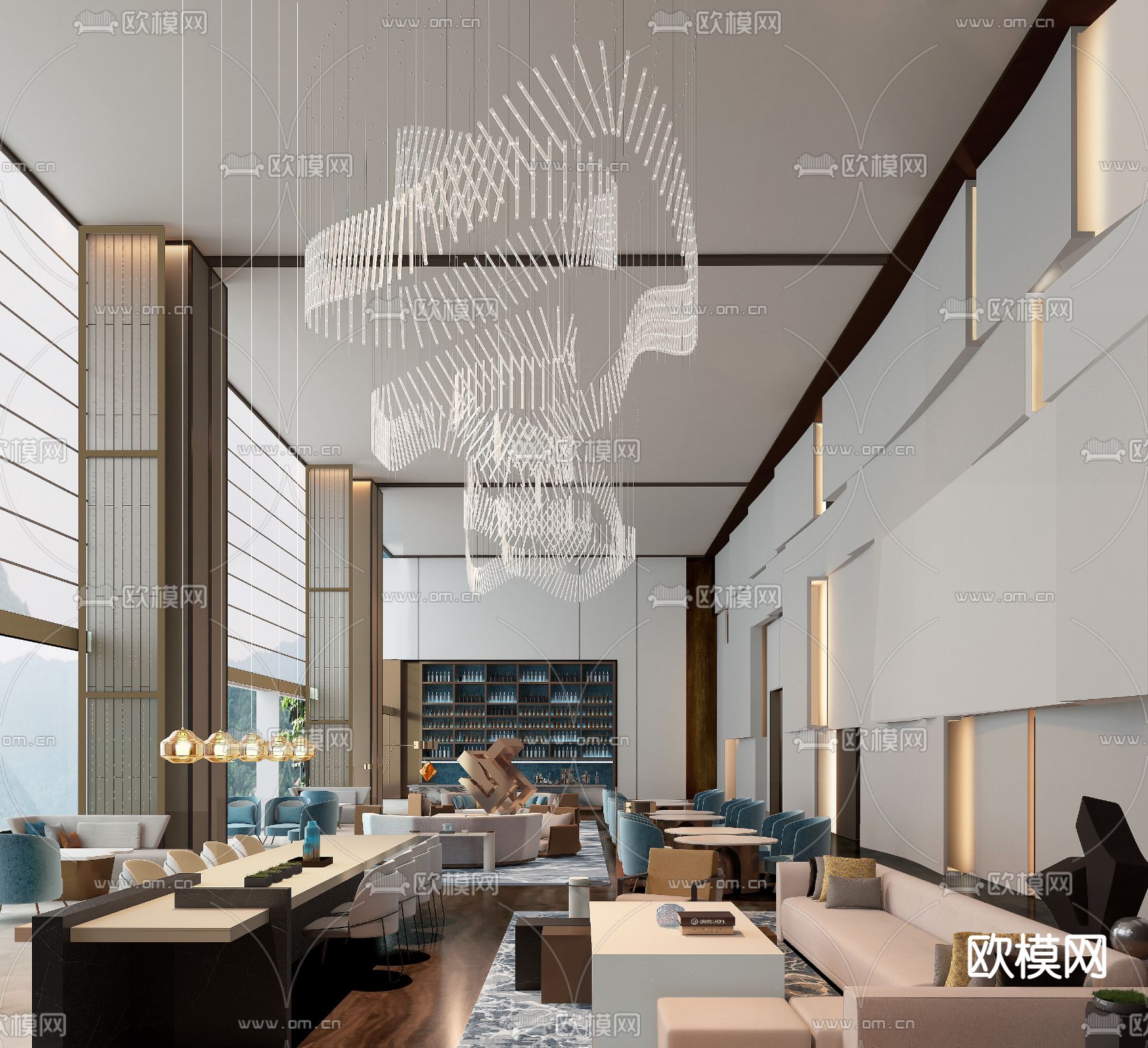 YANG设计 深圳国际会展中心希尔顿酒店大堂吧SU模型下载