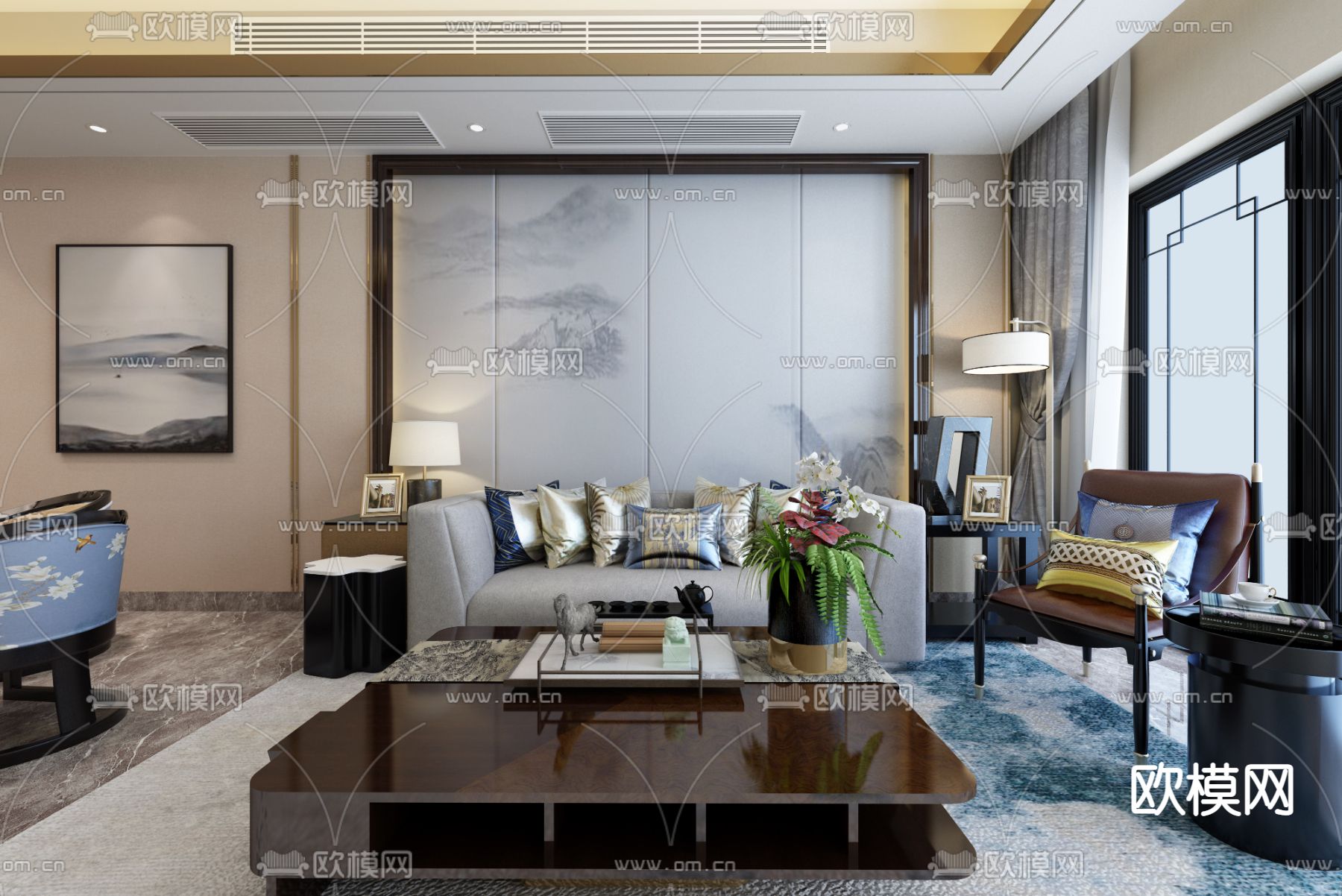 中合深美设计 新中式客厅沙发组合su模型下载