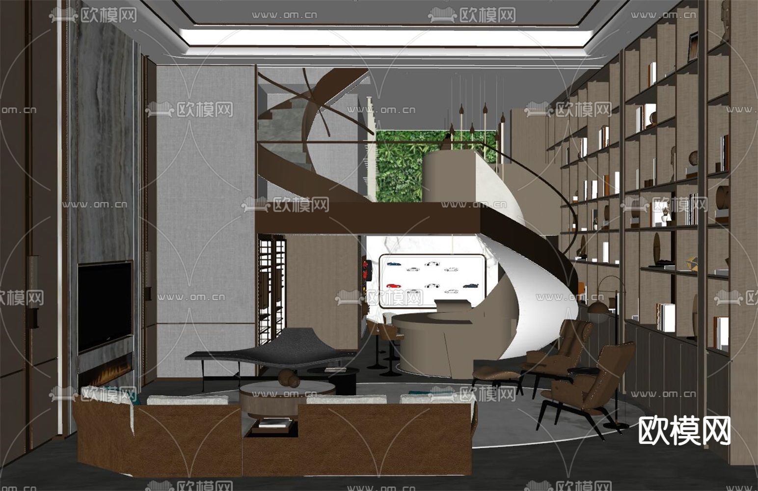轻奢风挑空别墅客厅su模型下载（渲染图2）