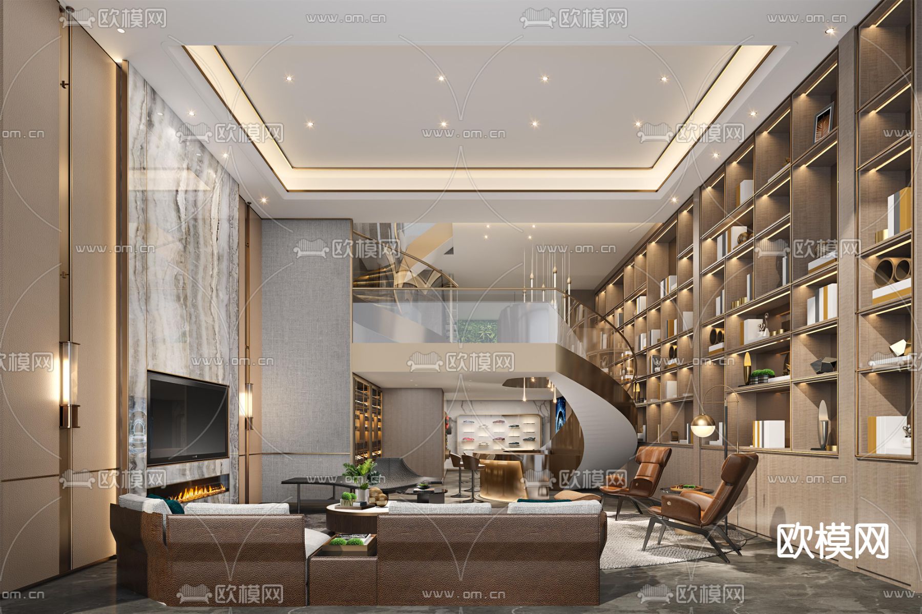 轻奢风挑空别墅客厅su模型下载（渲染图1）