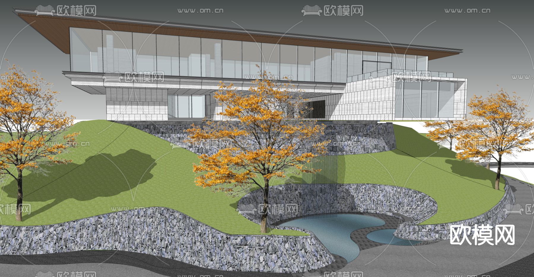 现代示范区 跌瀑 园林景观su模型下载（渲染图3）