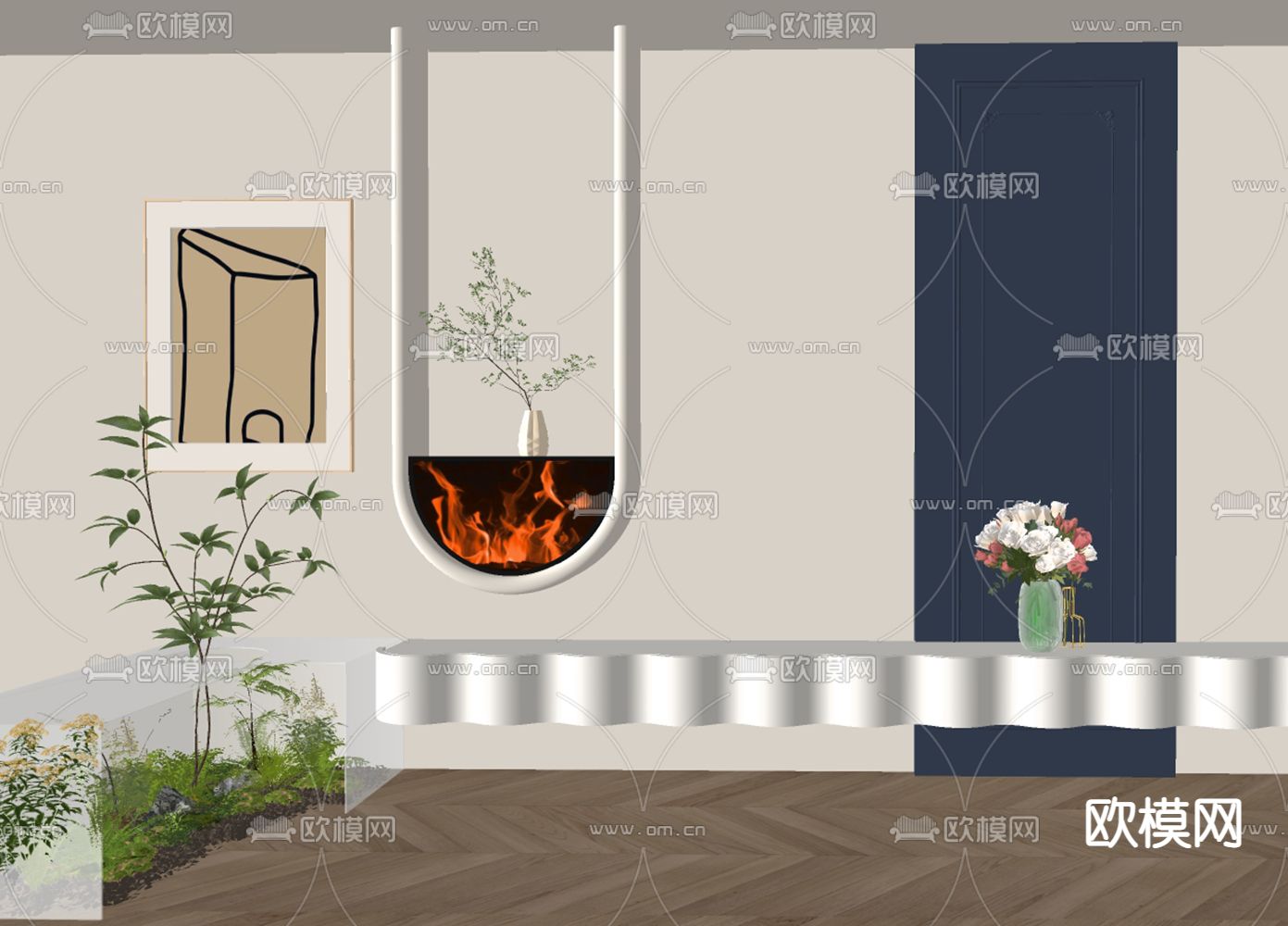 奶油风壁炉 火炉su模型