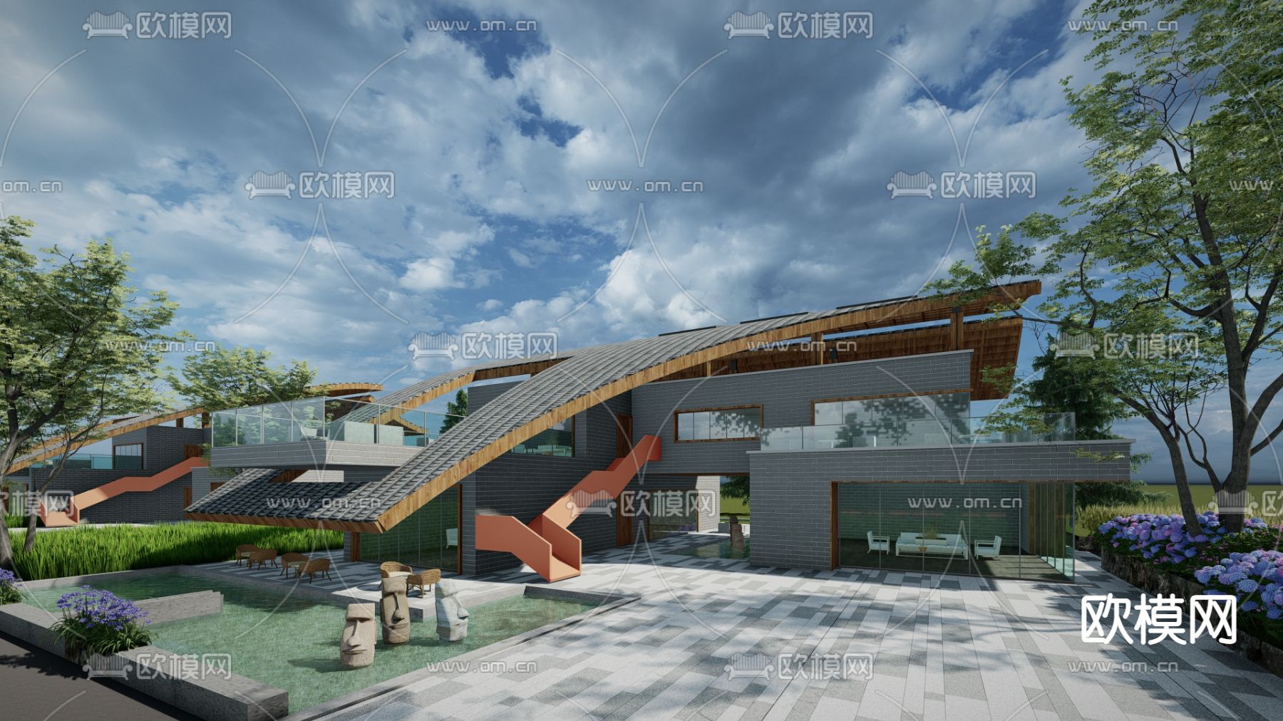 新中式度假别墅 建筑外观su模型