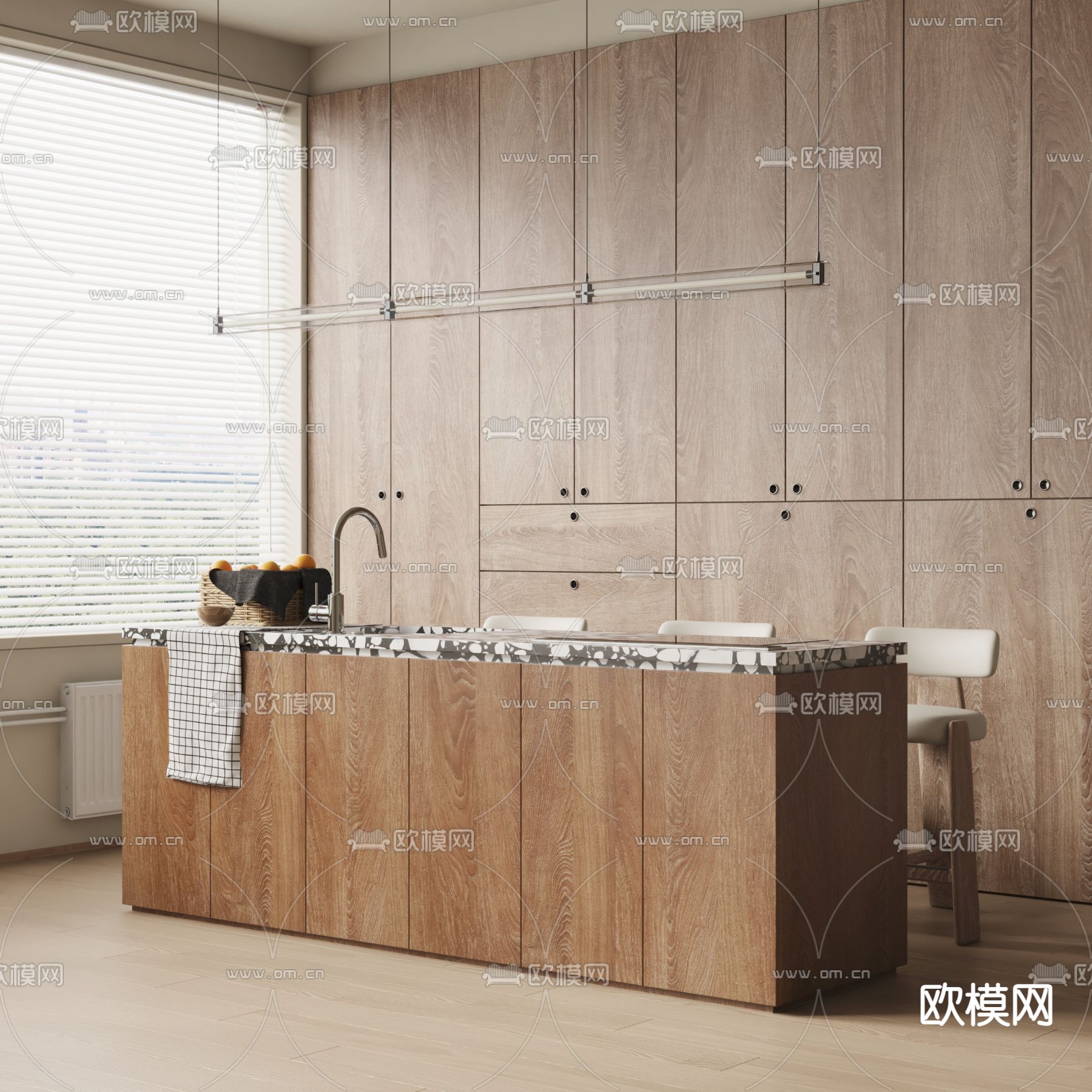 侘寂风实木吧台吧椅su模型下载（渲染图1）