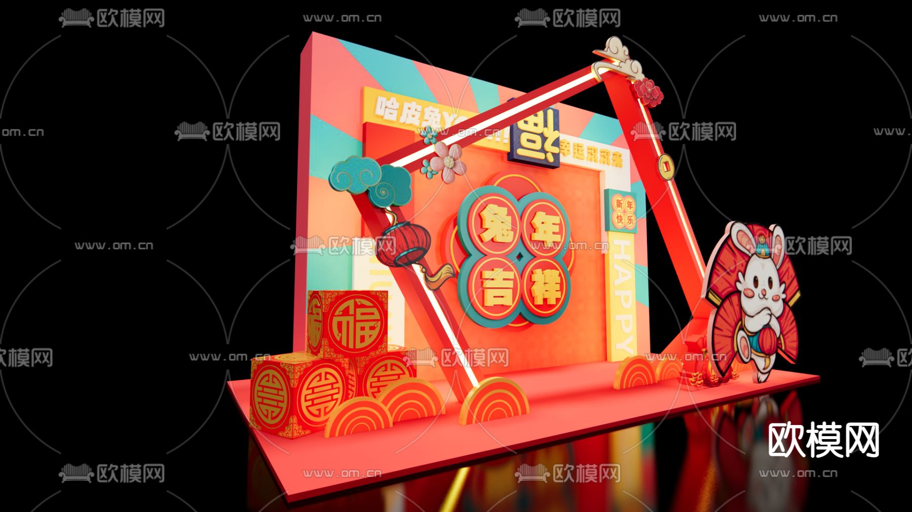 新中式兔年美陈 春节美陈su模型下载（渲染图2）