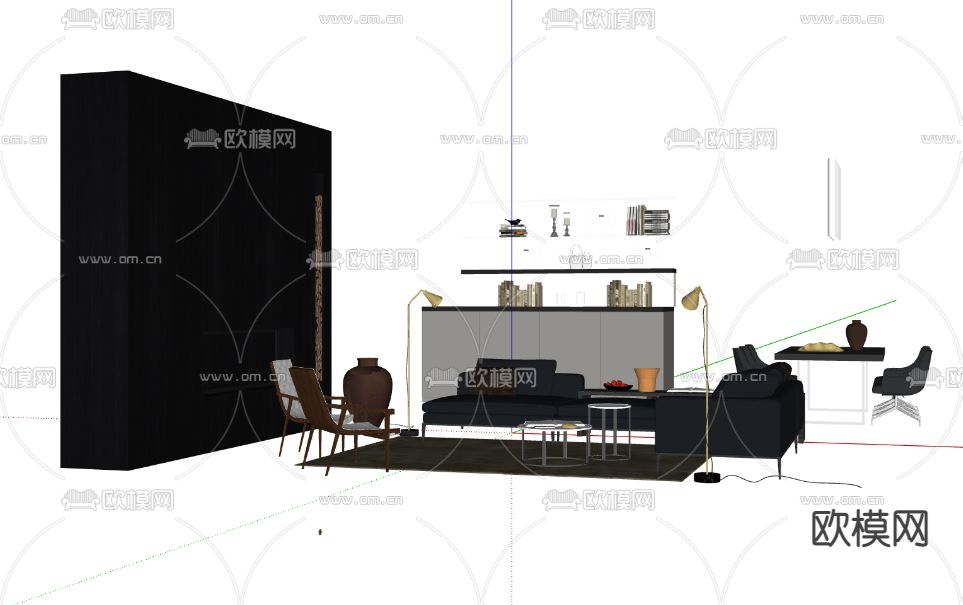 暗黑风沙发茶几组合su模型下载（渲染图2）