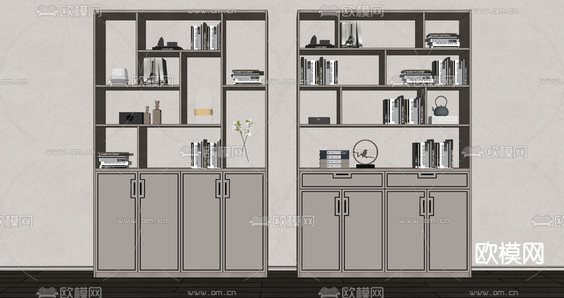 新中式书柜su模型下载（渲染图2）